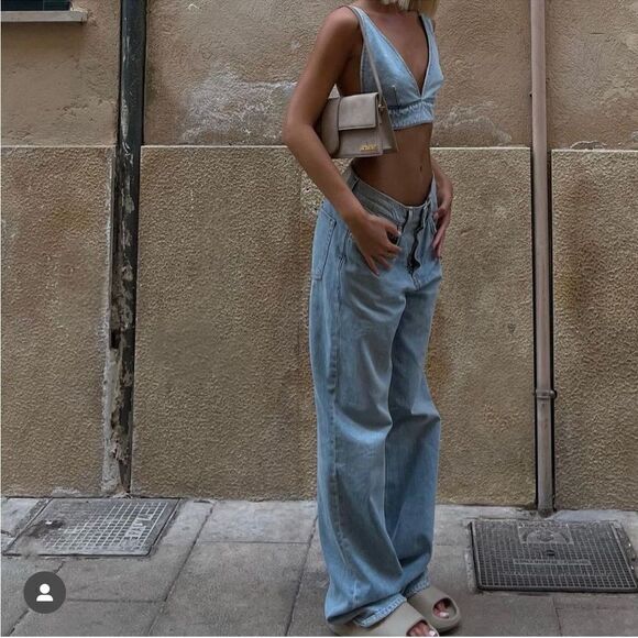 NEW Source Unknown Blogger Favorite Wide Slit Jeans + Top in Soft Blue - Picture 10 of 17